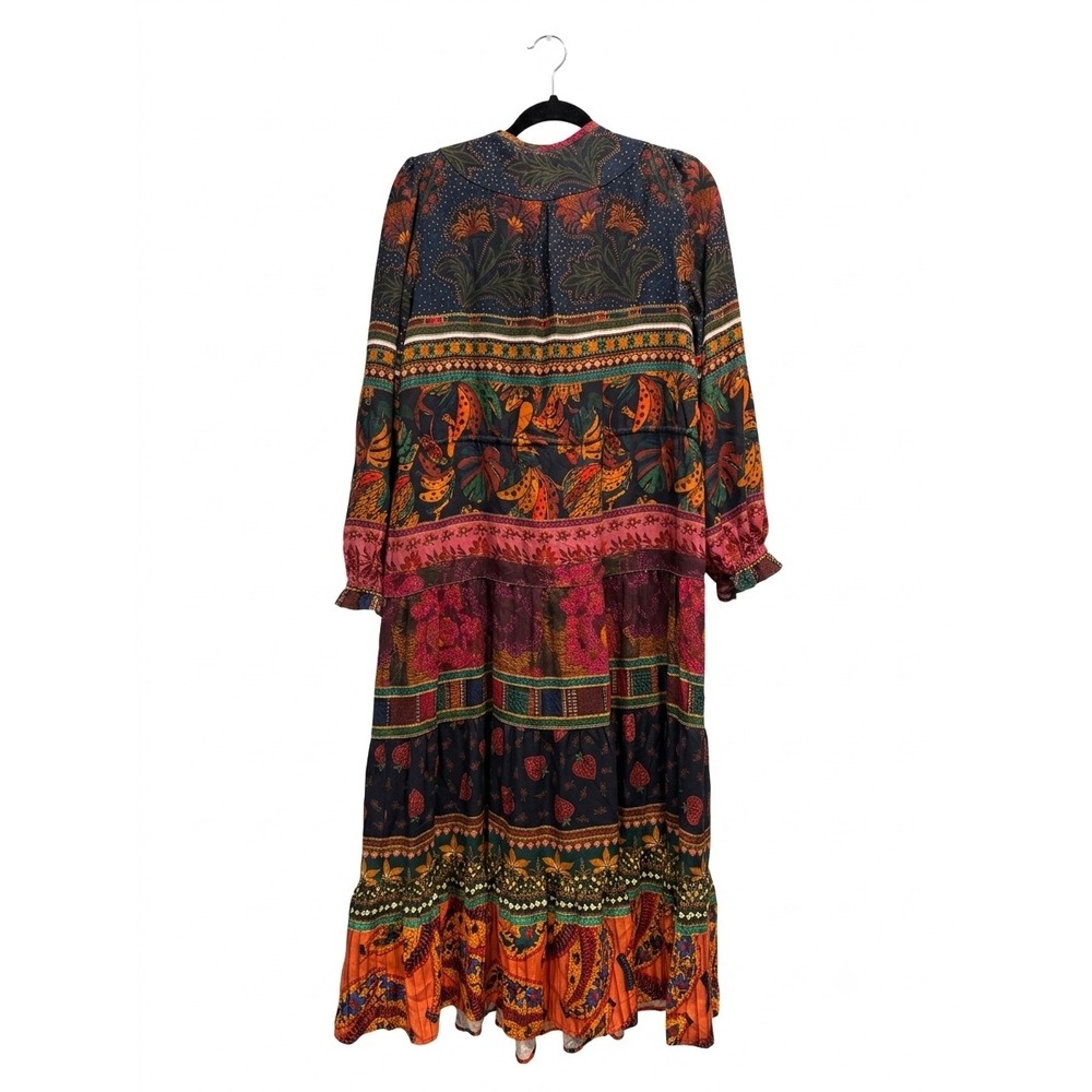 Farm Rio Mix Tropical Print Tiered Maxi Dress Small Long Sleeve Boho Tassel NWT - Picture 2 of 5